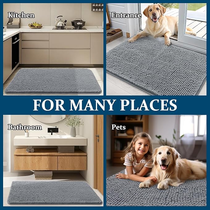 OLANLY Dog Door Mat for Muddy Paws 59x24, Absorbs Moisture and Dirt, Absorbent Non-Slip Washable Doormat, Quick Dry Chenille Mud Mat for Dogs, Entry Indoor Entryway Carpet for Inside Floor, Grey
