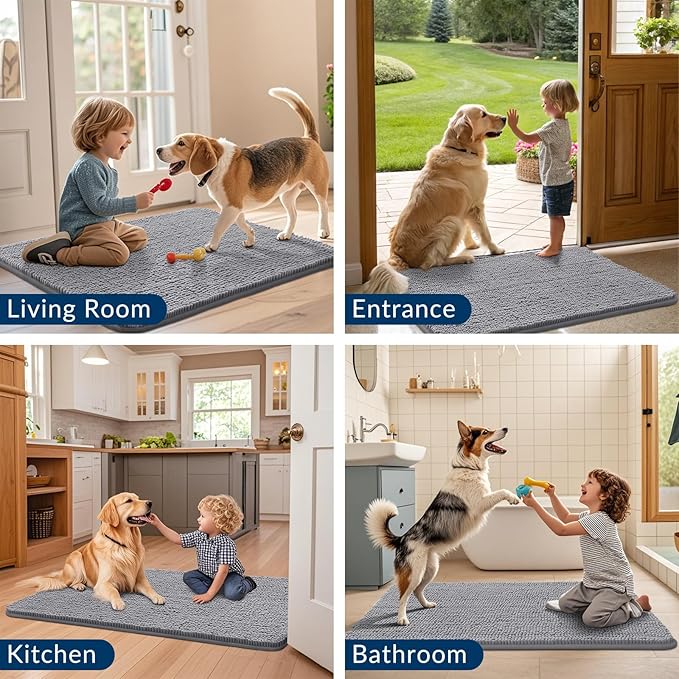 Smiry Dog Door Mat for Muddy Paws 36x24, Absorbs Moisture and Dirt Doormat, Non-Slip Washable Quick Dry Chenille Front Door Mat Indoor Entrance, Entryway Carpet for Inside Floor, Grey