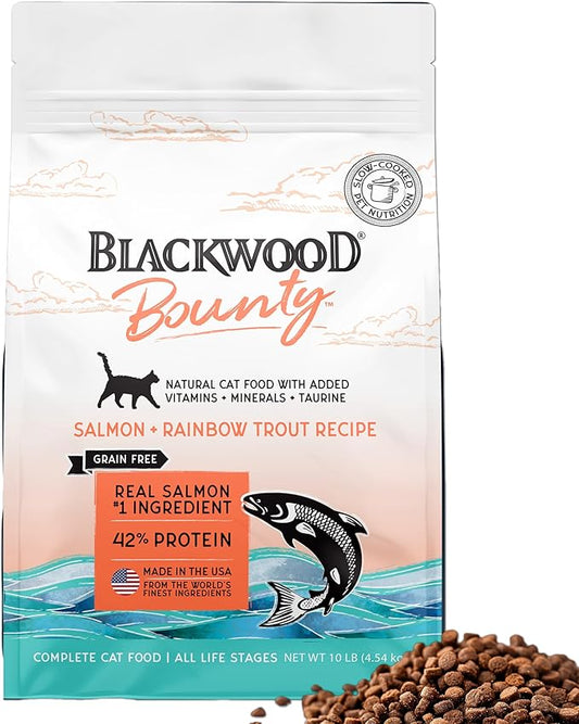 Blackwood Bounty Dry Cat Food, Salmon & Rainbow Trout Recipe for All Life Stages, 10 Pound Bag, High Protein, Grain Free