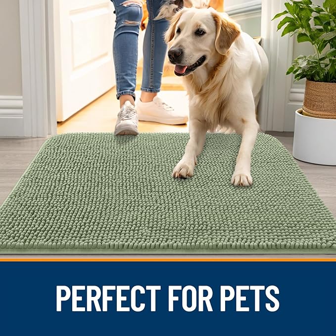 OLANLY Dog Door Mat for Muddy Paws 70x24, Absorbs Moisture and Dirt, Absorbent Non-Slip Washable Doormat, Quick Dry Chenille Mud Mat for Dogs, Entry Indoor Entryway Carpet for Inside Floor, Sage Green