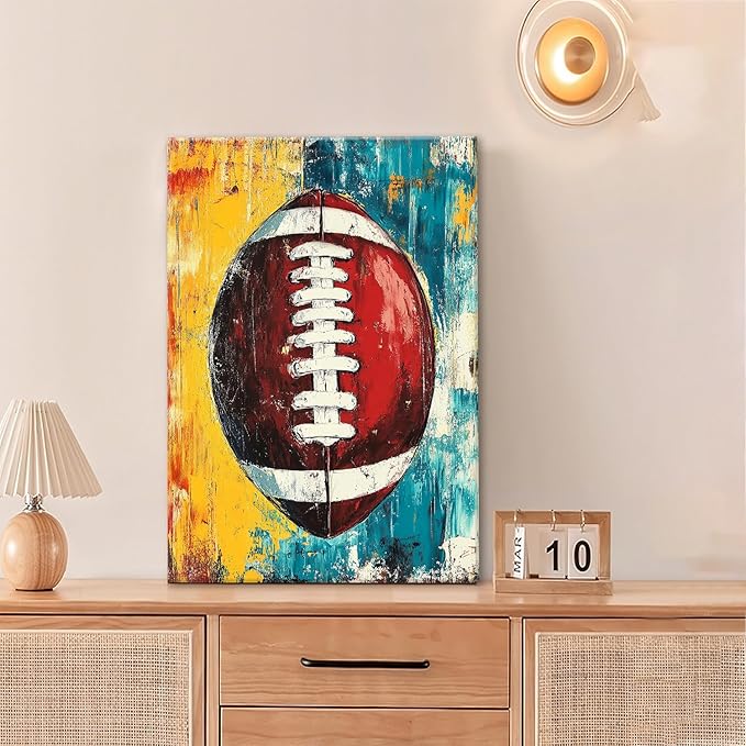 Graffiti Football Bathroom Pictures Wall Art, Rugby Sport Bathroom Wall Decor, Colorful Football Framed Painting Canvas Artwork for Bedroom Living Room Decorations 24"L x 16"W