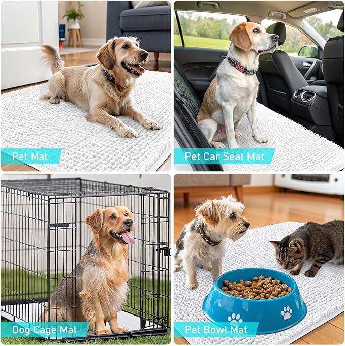 OLANLY Dog Door Mat for Muddy Paws 59x20, Absorbs Moisture and Dirt, Absorbent Non-Slip Washable Doormat, Quick Dry Chenille Mud Mat for Dogs, Entry Indoor Entryway Carpet for Inside Floor, White