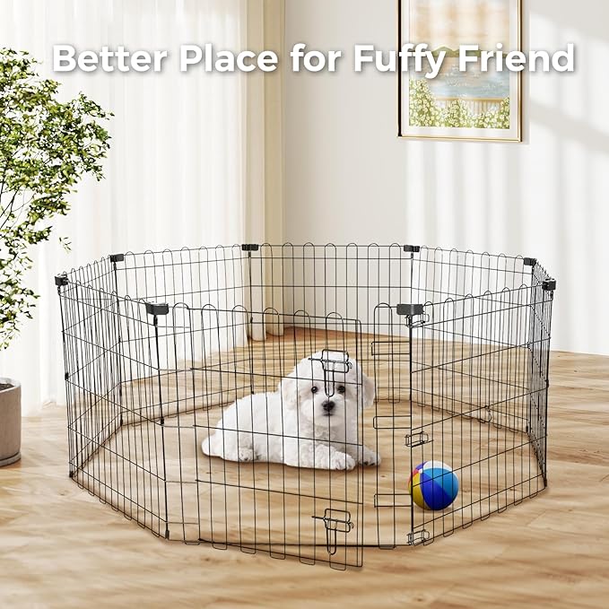 Foldable Dog Playpen 24" Height 8 Panels Metal Exercise Pen with Door - Indoor/Outdoor Puppy Playpen for Small Dogs, Portable Pet Fence for Yard Garden Camping, Black