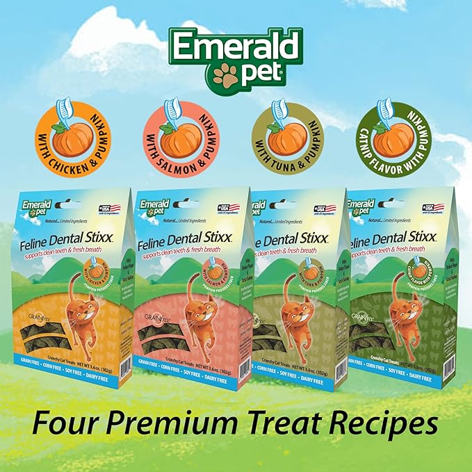 Emerald Pet Feline Dental Stixx — Tasty and Crunchy Cat Dental Sticks with Pumpkin for Digestive Health — Natural Grain Free Dental Treats for Clean Cat Teeth and Fresh Breath — Salmon Stixx, 3.6 oz