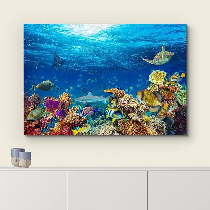 wall26 Canvas Print Wall Art Vibrant Sunshine Ray Coral Reef Turtle Fish Nature Animals Photography Realism Rustic Scenic Landscape Wilderness Colorful for Living Room, Bedroom, Office - 16"x24"