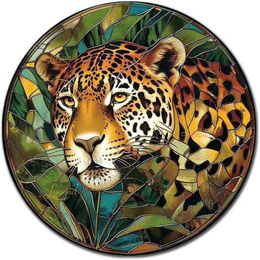 Lygond Metal Sign Tin Sign Circular Stained Glass Jaguar Minimalist Wall Art for Garage 12×12 Inches
