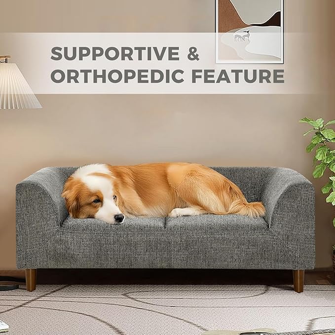 Dog Sofa Couch for Medium to Large Dogs, Memory Foam Dog Sofa Bed, Modern Elevated Pet Couch Bed with Wooden Legs for Medium and Large Dogs, Dark Grey