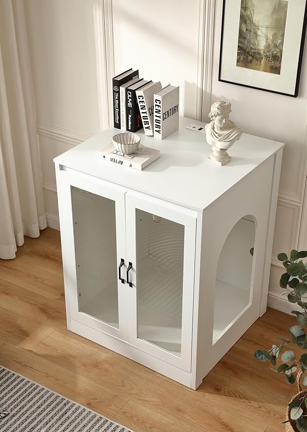 Cat Litter Robot Enclosure with Cat-Observant Glass Doors,Litter Robot Cabinet with Cozy LED for Cats,Reversible and Optional Entry(Left or Right),Power Outlet for More Choice, (White)