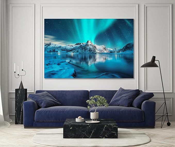 Nature Wall Art Prints - Ocean Forest Mountain Lake Canvas Landscapes - Small to Extra Large Living Room Bedroom Kitchen Bathroom Décor (Northern Lights Over Lake, 20L" x 30W")