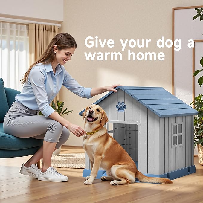 DRATO Dog House Indoor Outdoor for Small to Large Sized Dogs Indoor Outdoor Doghouse Puppy Shelter with Elevated Floor, Easy to Assemble (Blue, 38Inch(37.8 * 40.87 * 38.82))
