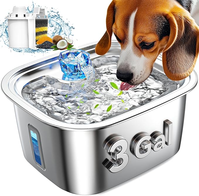 Dog Water Fountain for Large Dogs Stainless Steel, 3Gal Extra Large Dog Water Bowl Dispenser with 2 Filters & Visual Window, Automatic Filtered Pet Fountain Indoor, Quiet Safe Pump with LED Indicator