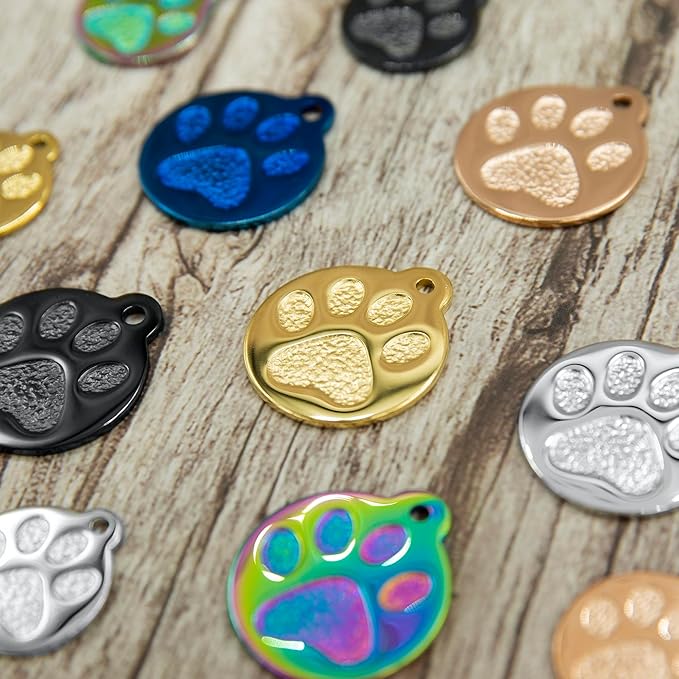Engraved Pet Tag for Dogs and Cats - Personalized Front & Back up to 4 Lines of Text Custom Engraved ID, Round Paw Print Solid Plating Stainless Steel Blue Small