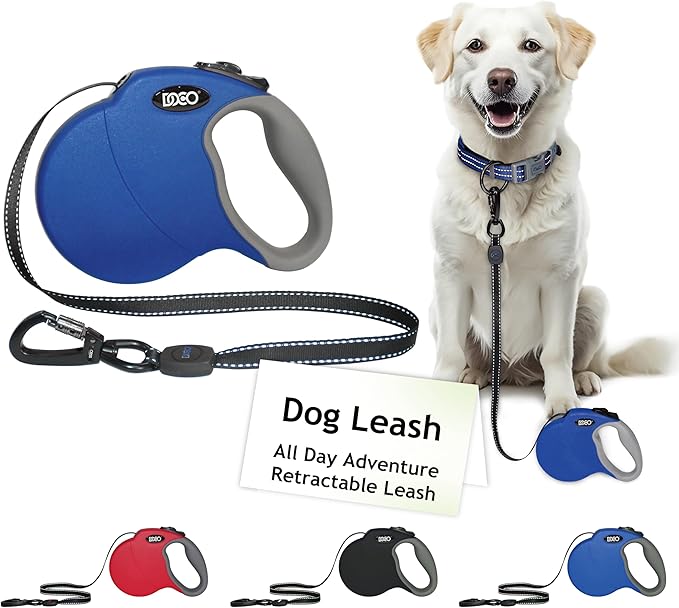 DOCO Retractable Dog Leash for Large Dogs (Length - 16’, Weight - Upto 110lb) Reflective Tape Lead with Stop and Lock Control, Tangle Free 360° Swivel Snap & Anti-Slip Grip (Blue, Large)