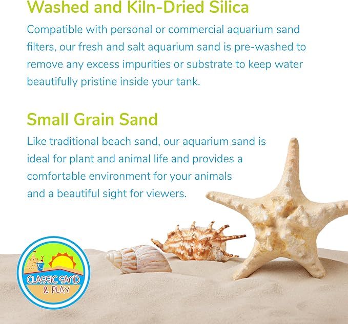 CLASSIC SAND & PLAY Natural Aquarium Sand for Freshwater and Saltwater Tanks, 40 lb. Bag, Improves Filter Life and Filtration Process, Pre-Washed Fine Sand, Yellow