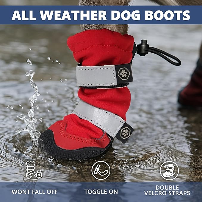 Spark Paws Dog Shoes, Waterproof Dog Boots for Medium to Large Dogs, Non Slip, Breathable Dog Booties and Paw Protectors - 4PCS Doggie Hiking Boots with Reflective Straps, Red, Size 4