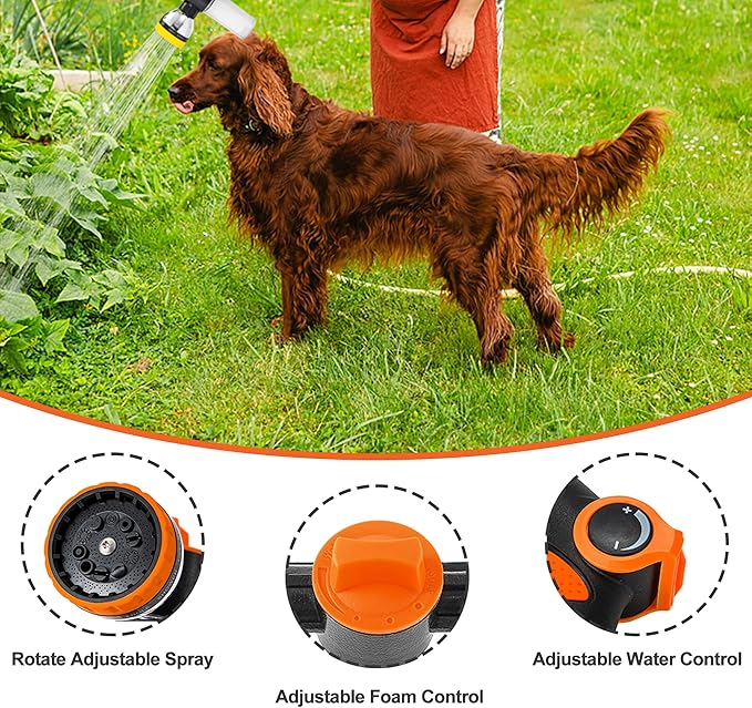 Dog Washing Hose Attachment, 10-in-1 Soap Sprayer Moden Garden Hose Nozzle with 100cc Soap Dispenser, Dog Wash Supplies with Dog Bath Brush & Pet Comb, Foam Gun Car Wash Sprayer (Orange)