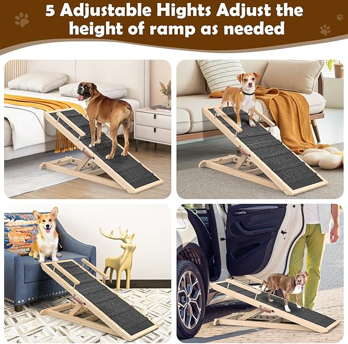 Dog Ramp for Couch, Bed or Car, Wooden 44" Long Pet Stairs for Small & Large Old Dogs & Cats, Hold up to 200lb, 5 Adjustable Height from 14.96" to 22", Portable Doggie Steps, Excellent Traction