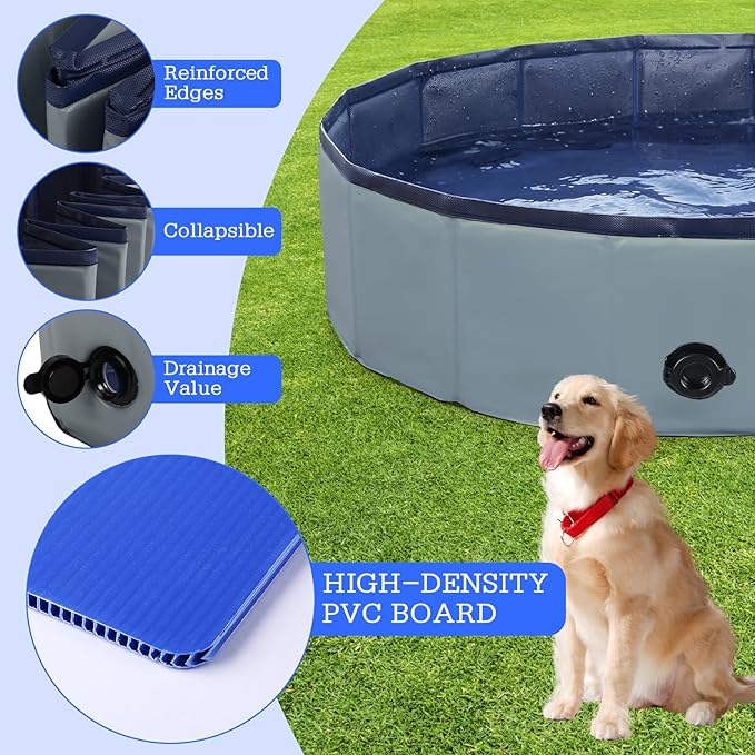 Foldable Dog Bath Swimming Pool 63'' Plastic Kiddie Pool Professional Tub Collapsible Grooming Bathtub for Pets Kids Baby and Toddler, 63 x 12 Inches Gray