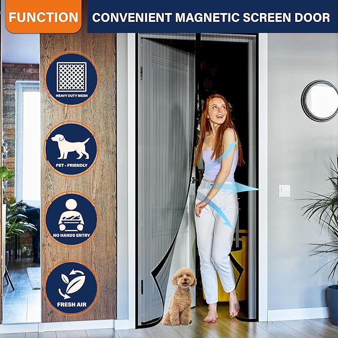 Magnetic Screen Door, Heavy Duty Door Screen Magnetic Closure Keep Bugs Out,Pet & Kid Friendly，Hands Free Door Screen Fit Door Size40 x 96 Inches ‎Black