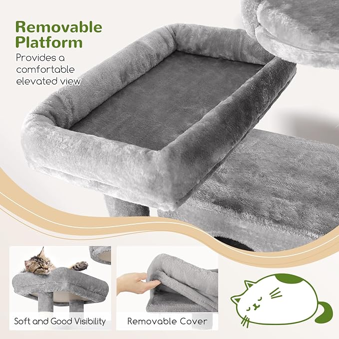 Globlazer Cat Tree, 70 inch Tall Scratching Tower Multi-Level Cat Condo for Indoor Multiple Cats with 2 Large Cat Caves, Top Perch, Large Platform, Bottom Swing, F70B, Light Grey