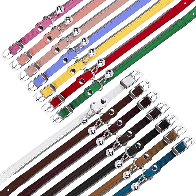 OOPSDOGGY Rolled Leather Cat Collar with Bell, Reflective Kitten Collars with Buckle Include Safety Elastic Strap - Adjustable Small Pet Collars for Boy Girl Cats (Green)