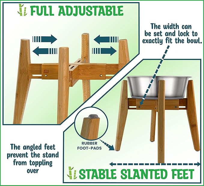 Dog Bowl Stand (14-inch High) - Ideal for Large Breeds, Use to Elevate, Raise Pet Dishes, Water Fountains and Slow Feeders - Adjustable Sideways, Bamboo - (Bowls not Included)