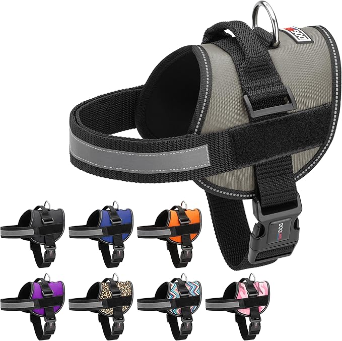 Dogline Dog Harness, Reflective No-Pull Adjustable Vest with Handle for Walking, Training, Breathable, No - Choke Harness for Small, Medium or Large Dogs Room for Patches Girth 15 to 18 in Grey