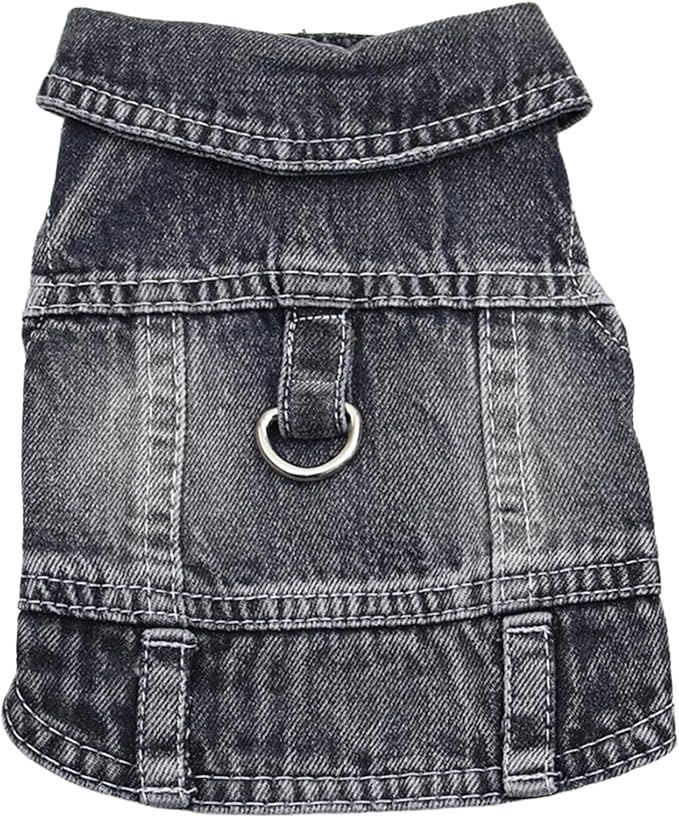 Puppy Clothes for Small Dogs Boy,Classic Western Denim Dog Coat,Dog Jeans Jacket with Leash D-Ring,Pet Cat Costumes,Cooling Harness Vest for Walking (Black, Small)