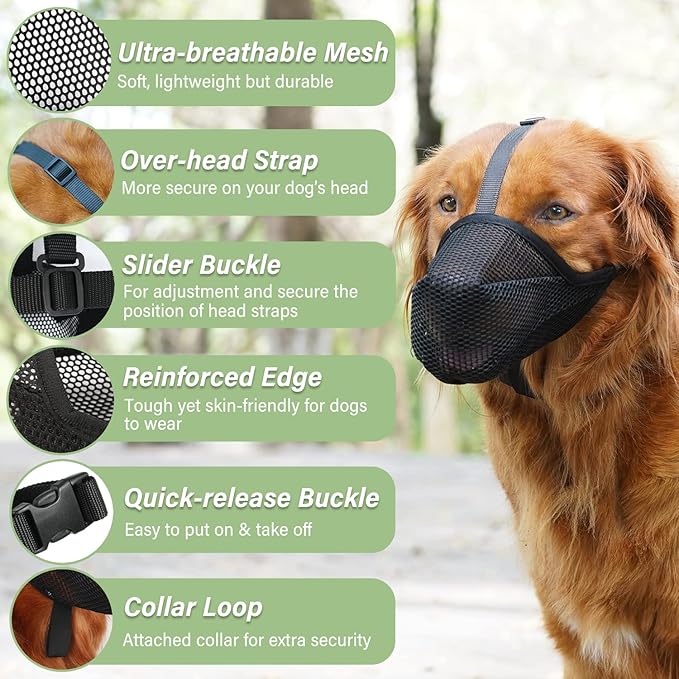 Mayerzon Dog Muzzle, Patented Soft Mesh Muzzle for Small Medium Large Dogs for Scavenging Biting Licking and Chewing, Allows to Pant and Drink (S, Black)