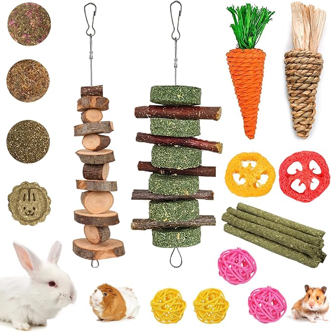 Grddaef 20 PCS Bunny Chew Toys for Teeth, Natural Rabbit Toys Apple Wood Grass Timothy Sticks Chew and Treat for Guinea Pigs Hamster Chinchillas