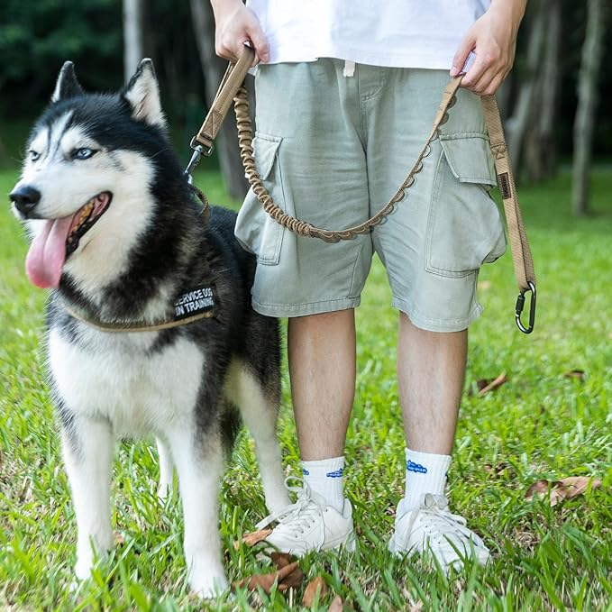 Excellent Elite Spanker Tactical Bungee Dog Leash Military Adjustable Dog Leash Quick Release Elastic Leads Rope with 2 Control Handle(Ranger Green)