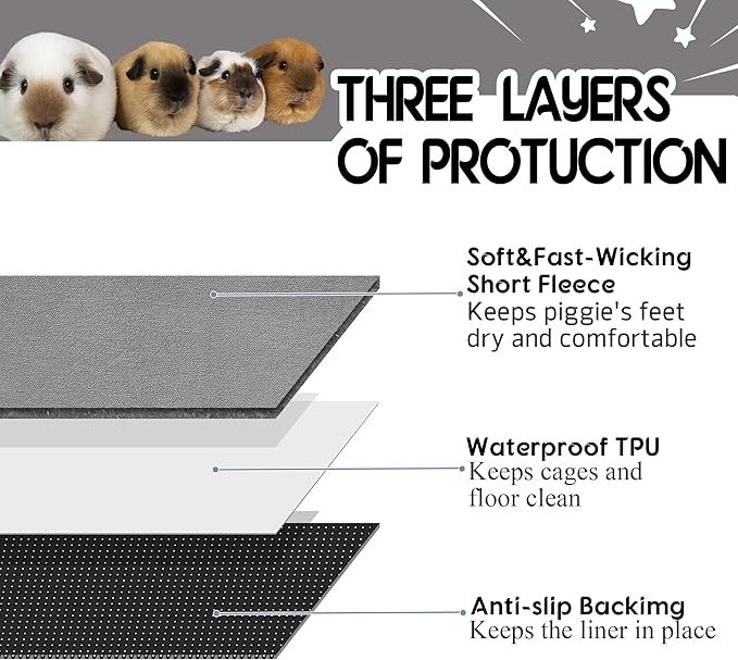 Guinea Pig Cage Liner, 8 Pack - Washable, Reusable, Leakproof Fleece Bedding Pads for Small Animals with Anti-Slip Bottom - for C&C 12''X12'' Area, Gray
