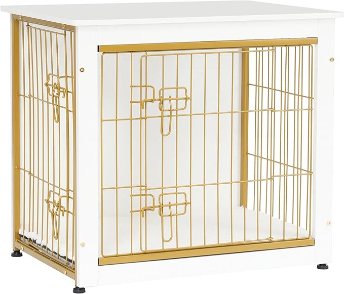 DWANTON Dog Crate Furniture with Cushion, Wooden Kennel Table with Double Doors, Indoor Dog House, Small/Medium/Large Size, 27.2" L, White