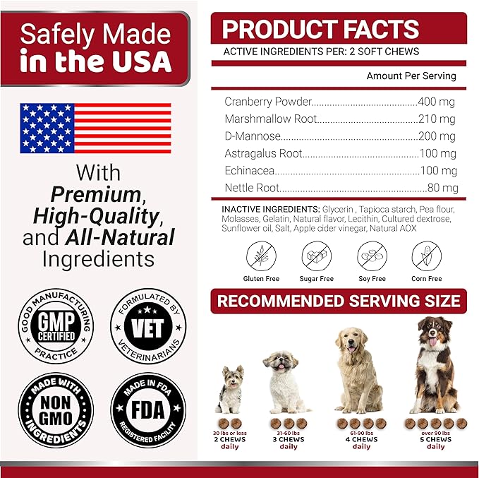 Dog UTI Treatment - 170 Treats - Cranberry Supplement for Dogs - Bladder Control - Urinary Tract Infection Treatment - UTI Medicine Multivitamin - Vitamins and Supplements - Made in USA