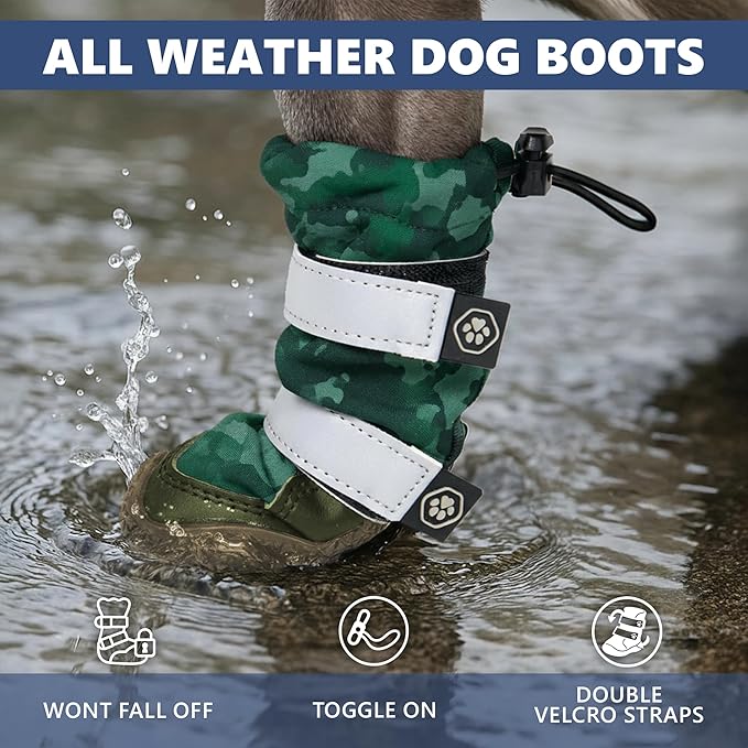Spark Paws Dog Shoes, Waterproof Dog Boots for Medium to Large Dogs, Non Slip, Breathable Dog Booties and Paw Protectors - 4PCS Doggie Hiking Boots with Reflective Straps, Green Camo, Size 8