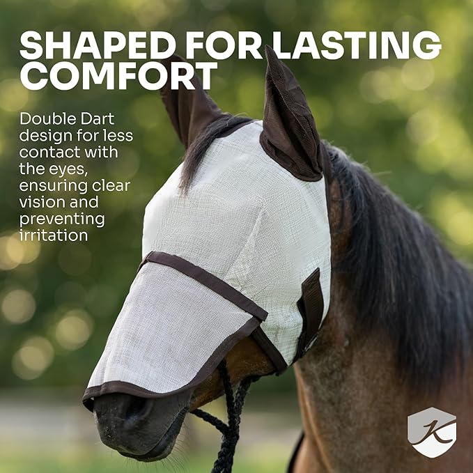 Kensington Fly Mask with Fleece Trim for Horses — Protects Face and Eyes from Flies and Sun Rays While Allowing Full Visibility — Breathable and Non Heat Transferring, X-Large, Tan