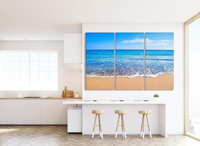 Nature Wall Art Prints - Ocean Forest Mountain Lake Canvas Landscapes - Small to Extra Large Living Room Bedroom Kitchen Bathroom Décor (Sandy Ocean Beach, 39L" x 59W" - 3 Panels)