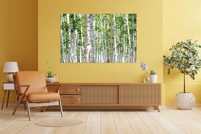 Nature Wall Art Prints - Ocean Forest Mountain Lake Canvas Landscapes - Small to Extra Large Living Room Bedroom Kitchen Bathroom Décor (Green Brich Trees, 39L" x 59W" - 3 Panels)