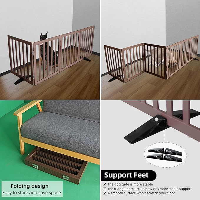 ZJSF Freestanding Indoor Dog Gate for House Foldable Wood Puppy Gate for Doorways Pet Gate for Stairs Extra Wide Pet Fence, Brown, 24" Height 3 Panels