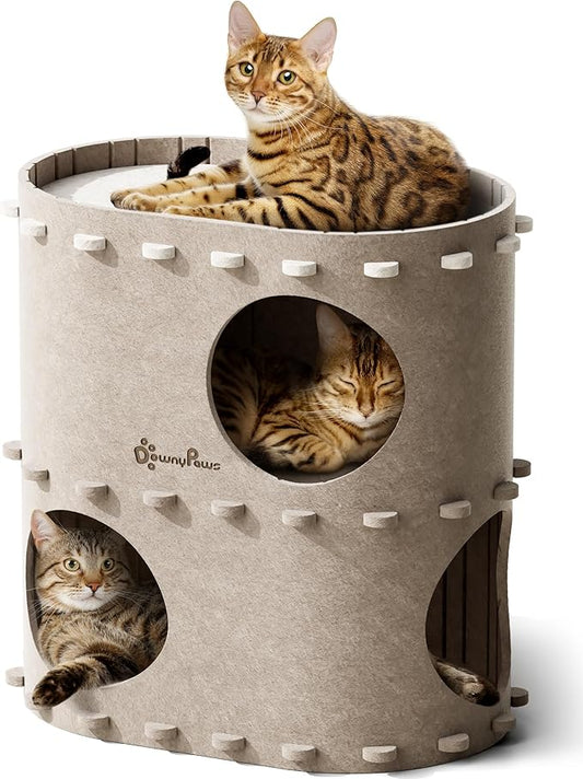 DownyPaws Cat House for Indoor Cats, 2-Storey Foldable Cat Bed Cave, Felt Cats Tunnel Bed Condo, Castle Kitten Cube Hideaway for Multicats, Scratch Resistant, Cream