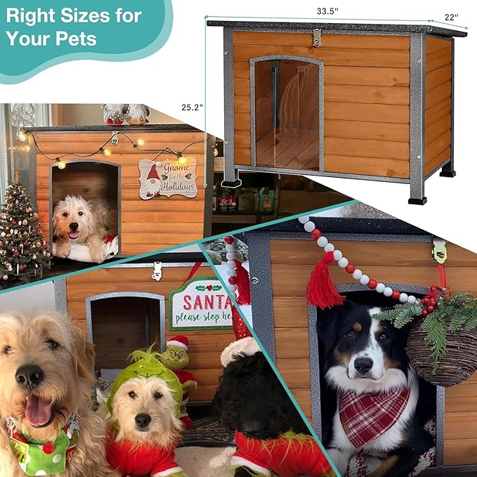 Feral Dog House Outdoor,Anti Bite Iron Frame Dog Kennel,Wood Warm Pets Home,Insulated Weatherproof Outside Shelter for Feral Animal (33.5"(L)×22"(W)×25.2"(H)-Brown-in)