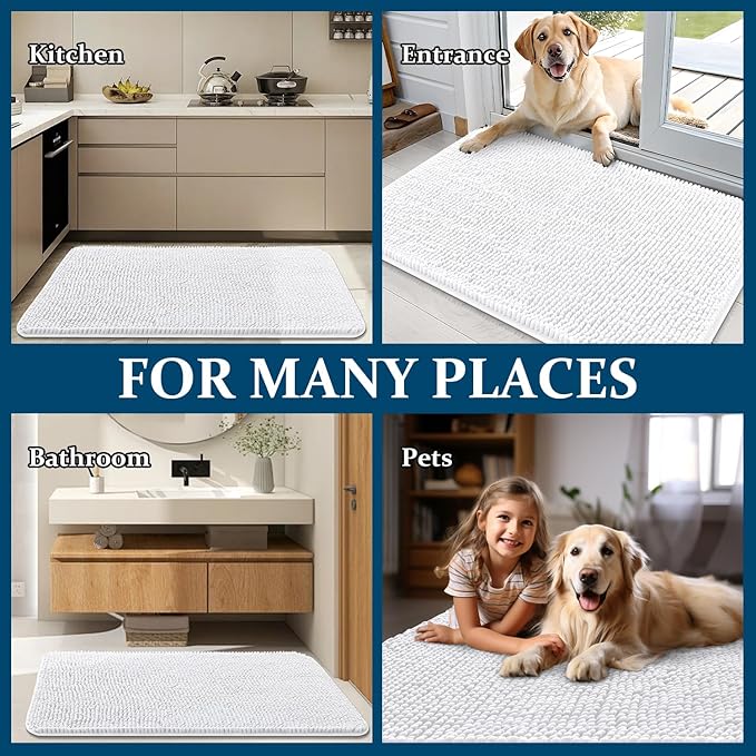 OLANLY Dog Door Mat for Muddy Paws 59x20, Absorbs Moisture and Dirt, Absorbent Non-Slip Washable Doormat, Quick Dry Chenille Mud Mat for Dogs, Entry Indoor Entryway Carpet for Inside Floor, White