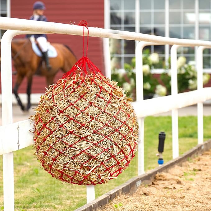 Fabbay 4 Pcs Slow Feed Hay Net Feeder Hay Bag for Horses Slow Feeder 40 Inch Length with 2 Inch Holes Hanging Horse Feed Net for Goat Cattle Equine Stalls Barn Supplies(Red)