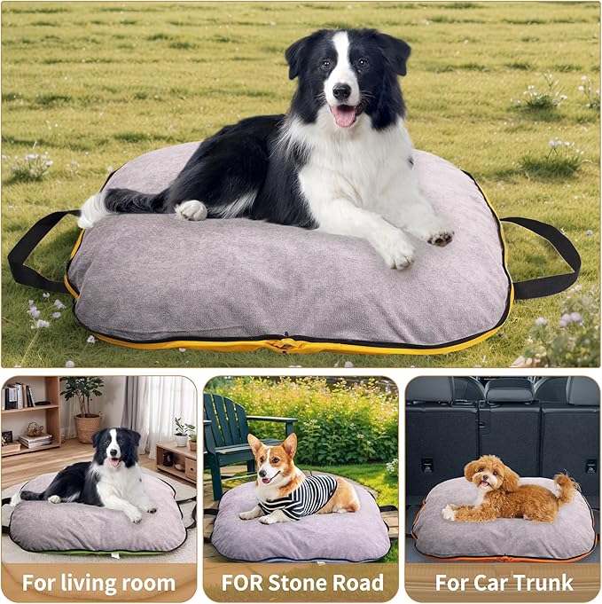 Portable Waterproof Dog Mat for Camping, Patio & Travel - Foldable Outdoor Dog Bed with Teflon Shell & Removable Plush Pad - Easy Clean, Durable - S (Khaki)