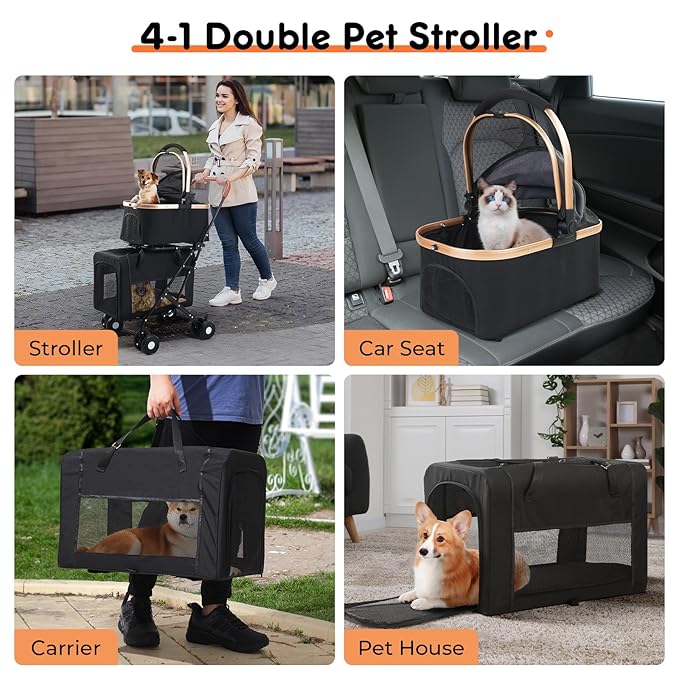 Double Pet Stroller for Small Medium Dogs - 4 In1 Dog Stroller for 2 Pets, Detachable and Foldable with 360°Rotating Wheels, Easy Assembly and Compact Size