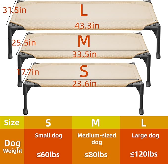 Soft Mesh Elevated Pet Bed for Large Medium Dogs Outdoor Resting Cot with Water-Resistant, Air-Permeable, Cooling and Anti-Skid Portable Dog Bed, Up to 120 lbs, 43.2" L x 31" W x 7.5" H, Beige