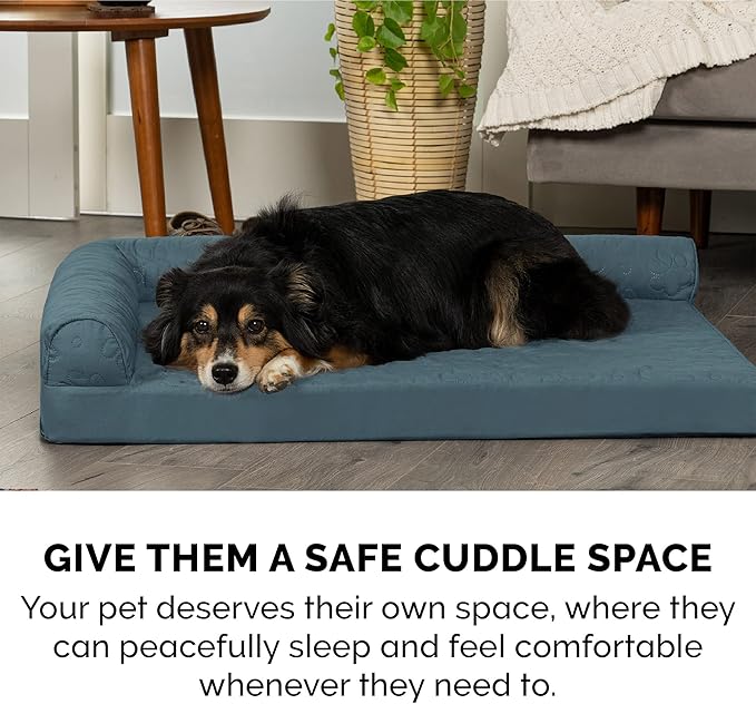 Furhaven Cooling Gel Dog Bed for Medium/Small Dogs w/ Removable Bolsters & Washable Cover, For Dogs Up to 35 lbs - Pinsonic Quilted Paw L Shaped Chaise - Bluestone, Medium