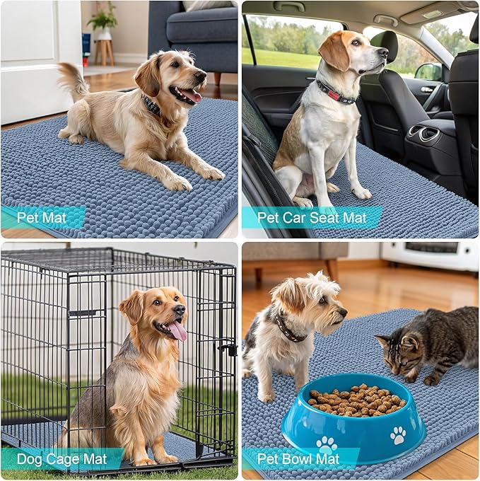 OLANLY Dog Door Mat for Muddy Paws 47x17, Absorbs Moisture and Dirt, Absorbent Non-Slip Washable Doormat, Quick Dry Chenille Mud Mat for Dogs, Entry Indoor Entryway Carpet for Inside Floor, Airy Blue