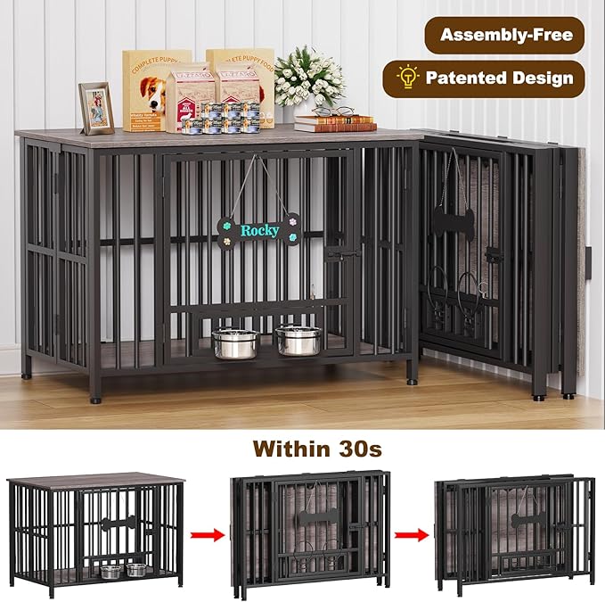 Easycom 41" Dog Crate Furniture Foldable, No Assembly Decorative Dog Kennel Indoor, Dog Crates for Large Dogs (40-65 lbs), Wooden Dog Cage with Adjustable Bowls and Name Tag, End Table, Oak Grey