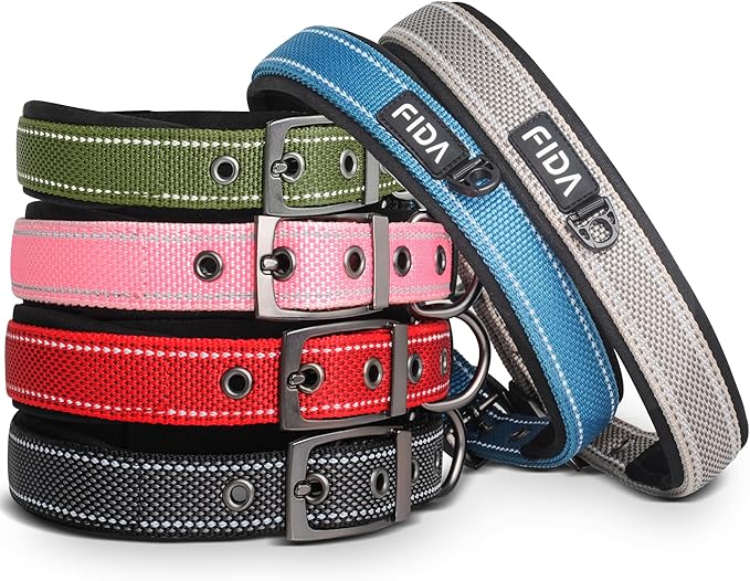 Fida Heavy Duty Dog Collar for Large Dogs, Ultra Comfortable Soft Neoprene Padded, Adjustable Reflective Nylon Pet Collar with Durable Metal Belt Buckle for Large Breeds (L, Green)